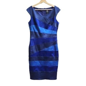 Jax Satin Fitted Dress with High V-neck, Size Medium